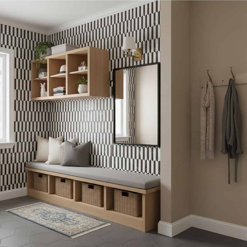 Black and white geometric patterned tile wall with wooden storage bench and wall-mounted shelves.