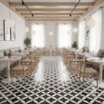 Black and white geometric ceramic tile with glossy finish, suitable for contemporary dining spaces.