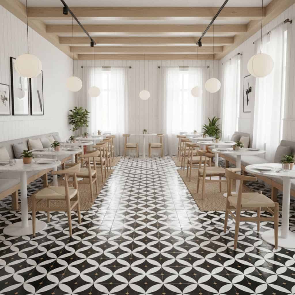 Black and white geometric ceramic tile with glossy finish, suitable for contemporary dining spaces.