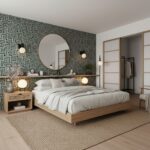 Geometric patterned wall tile in black and white, adds a contemporary touch to bedroom decor.