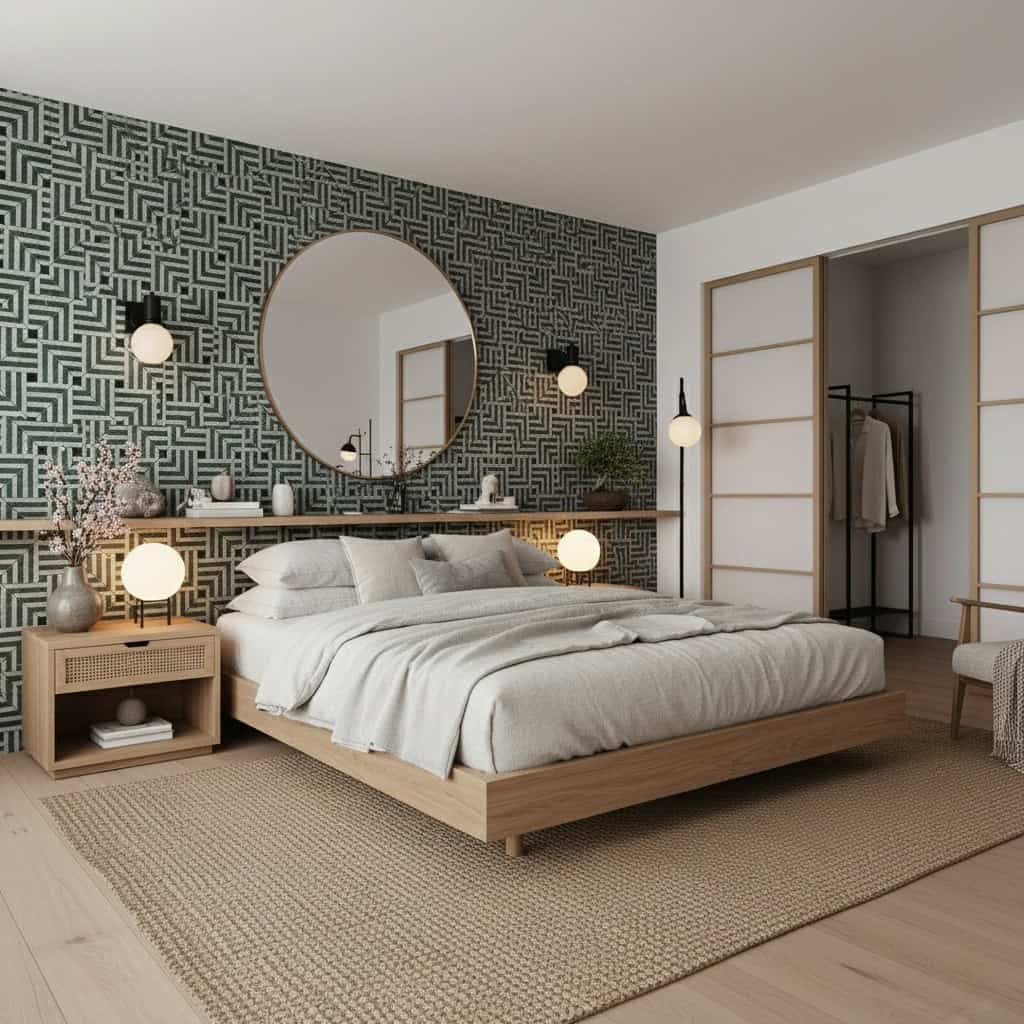 Geometric patterned wall tile in black and white, adds a contemporary touch to bedroom decor.