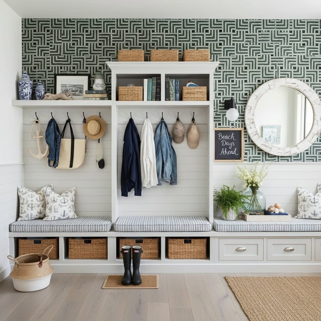 Navy, white, and beige wall decor with textured tiles, woven baskets, and coastal accessories in a bright entryway.