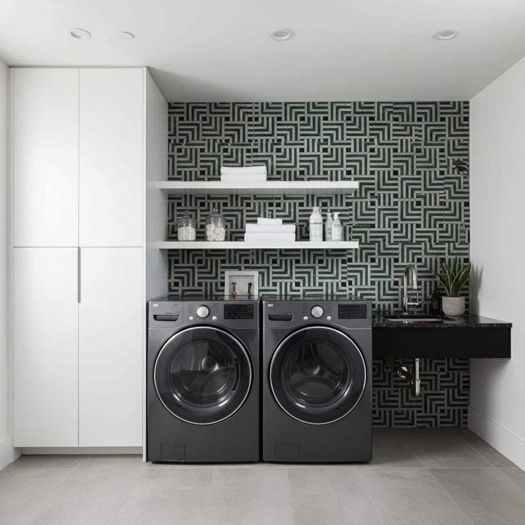 Black and white geometric patterned tile on laundry room wall, with modern appliances and shelving.