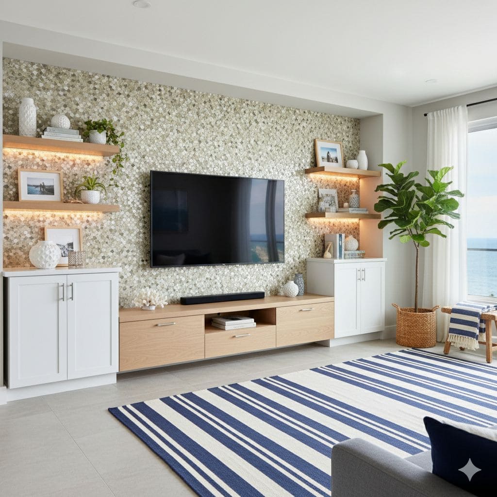 Bright living room with peel and stick wall tiles behind TV.