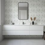 White tile with gold geometric pattern, smooth texture, and matte finish.