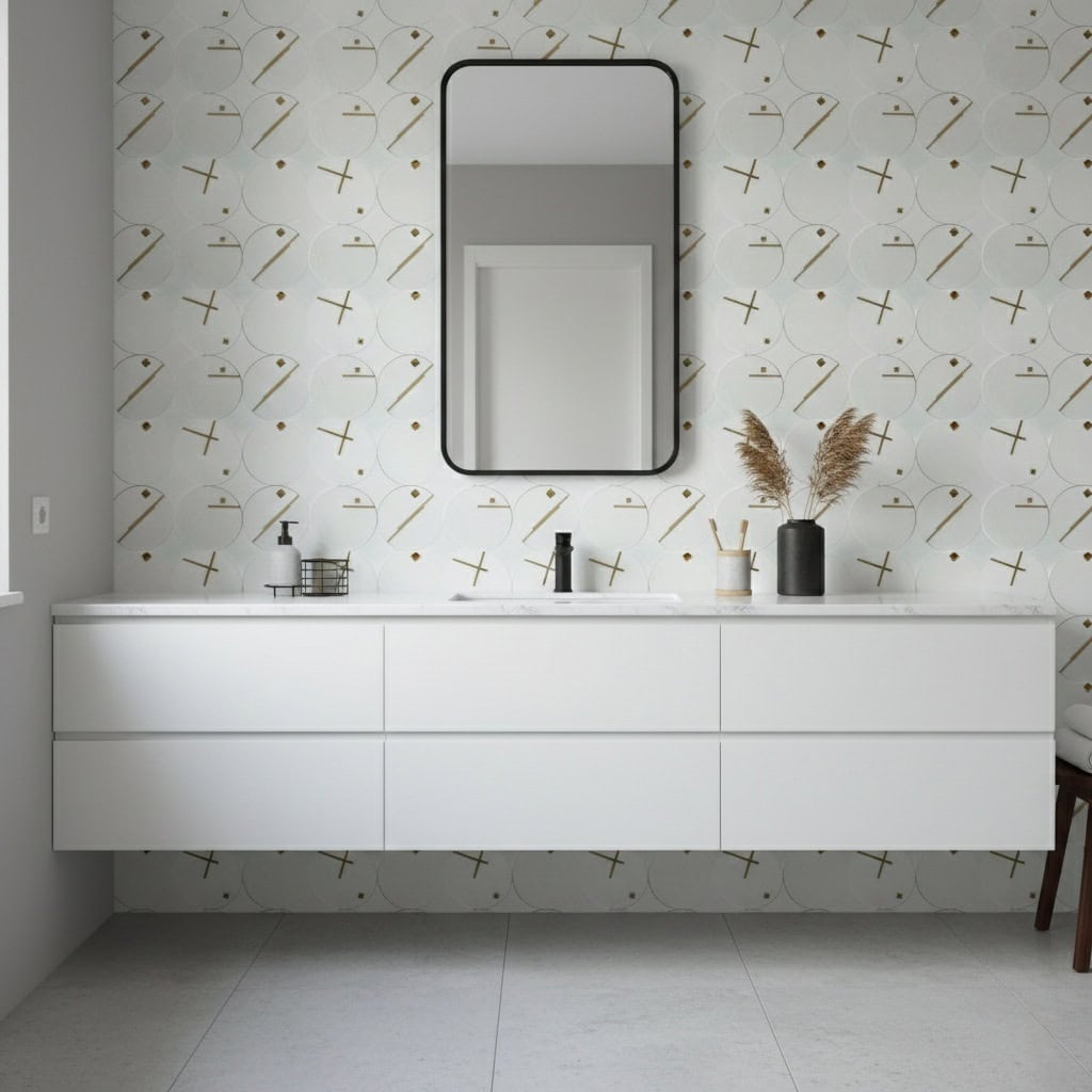 White tile with gold geometric pattern, smooth texture, and matte finish.