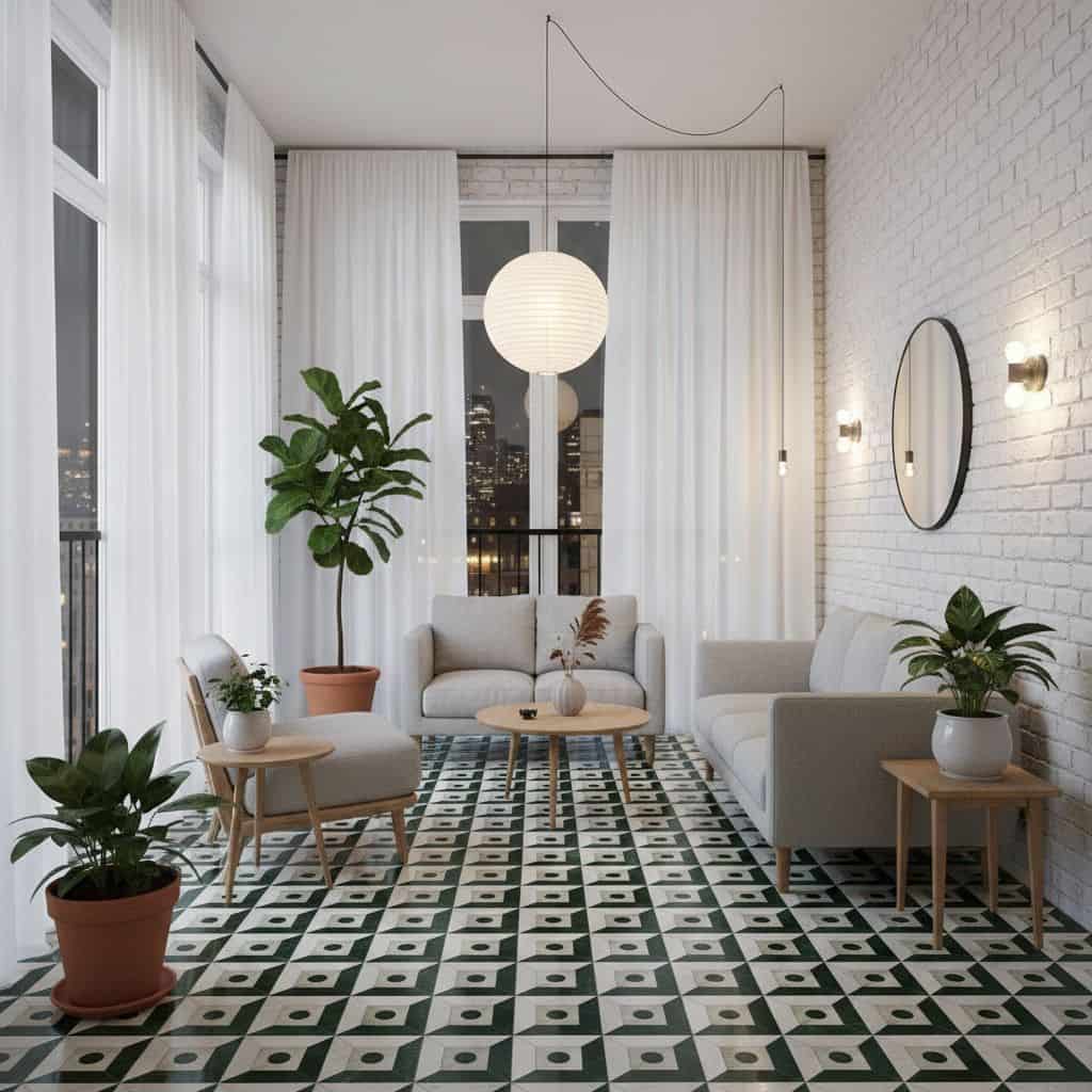 Bright living room with white brick walls, featuring a cozy sofa, potted plants, and a patterned tile floor. Large windows wi.