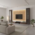 Bright beige textured tile with wood accents.