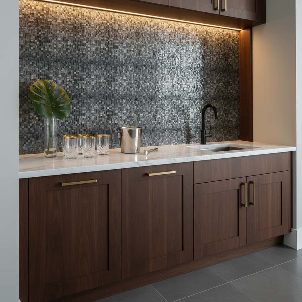 A modern kitchen with peel and stick wall tile backsplash, featuring a sleek black and gray mosaic design behind the countert.