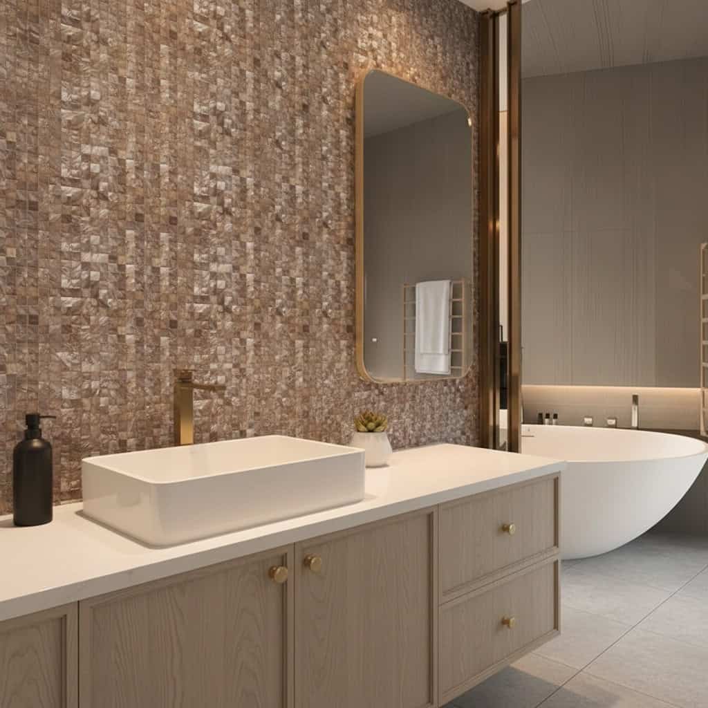 Mother of pearl shell tile accent wall in modern bathroom with white vanity and oval mirror. Elegant and natural design eleme.