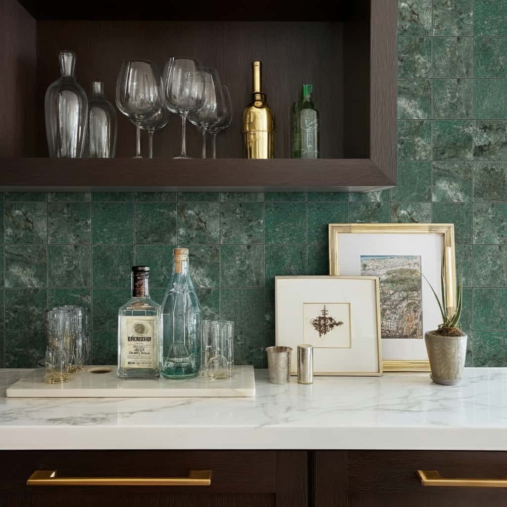 Stylish kitchen wall with peel and stick tile backsplash, glassware, and framed art.
