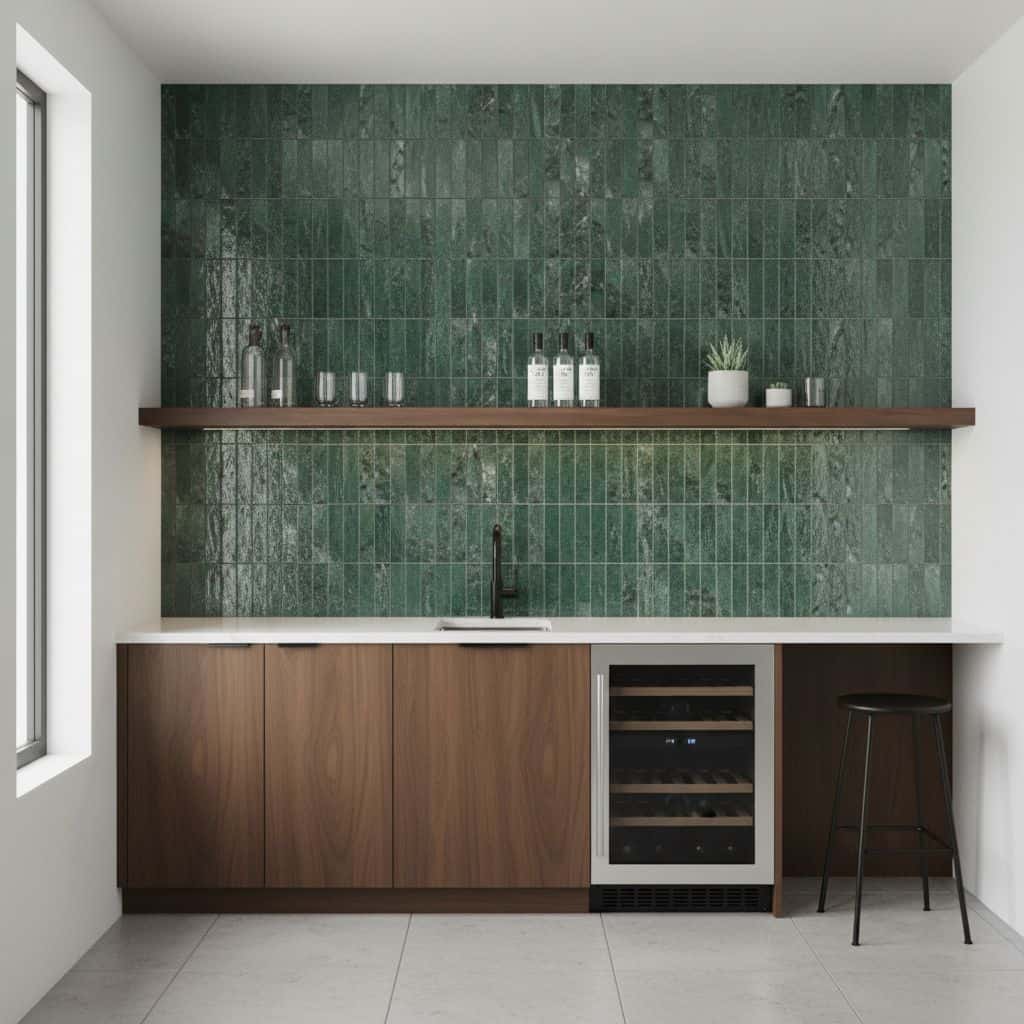 Green peel and stick wall tile for kitchen backsplash.
