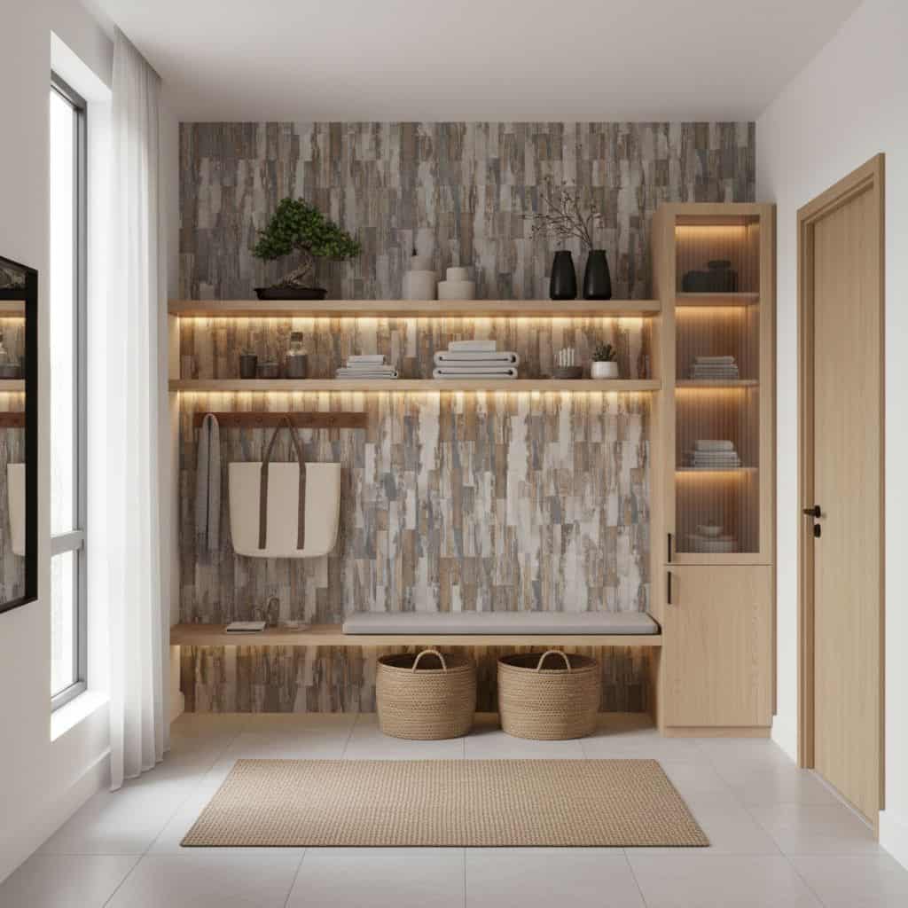 Peel and stick tile wall decor with natural wood finish, shelves, baskets, and decorative items in a modern interior setting.