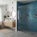 Blue glass mosaic tile shower wall with modern fixtures and clear glass enclosure.