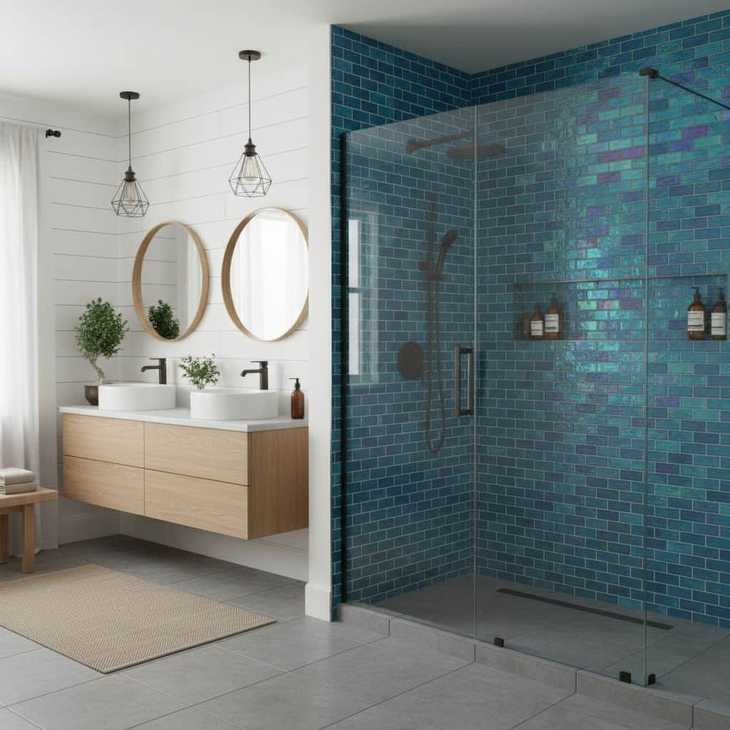 Blue glass mosaic tile shower wall with modern fixtures and clear glass enclosure.