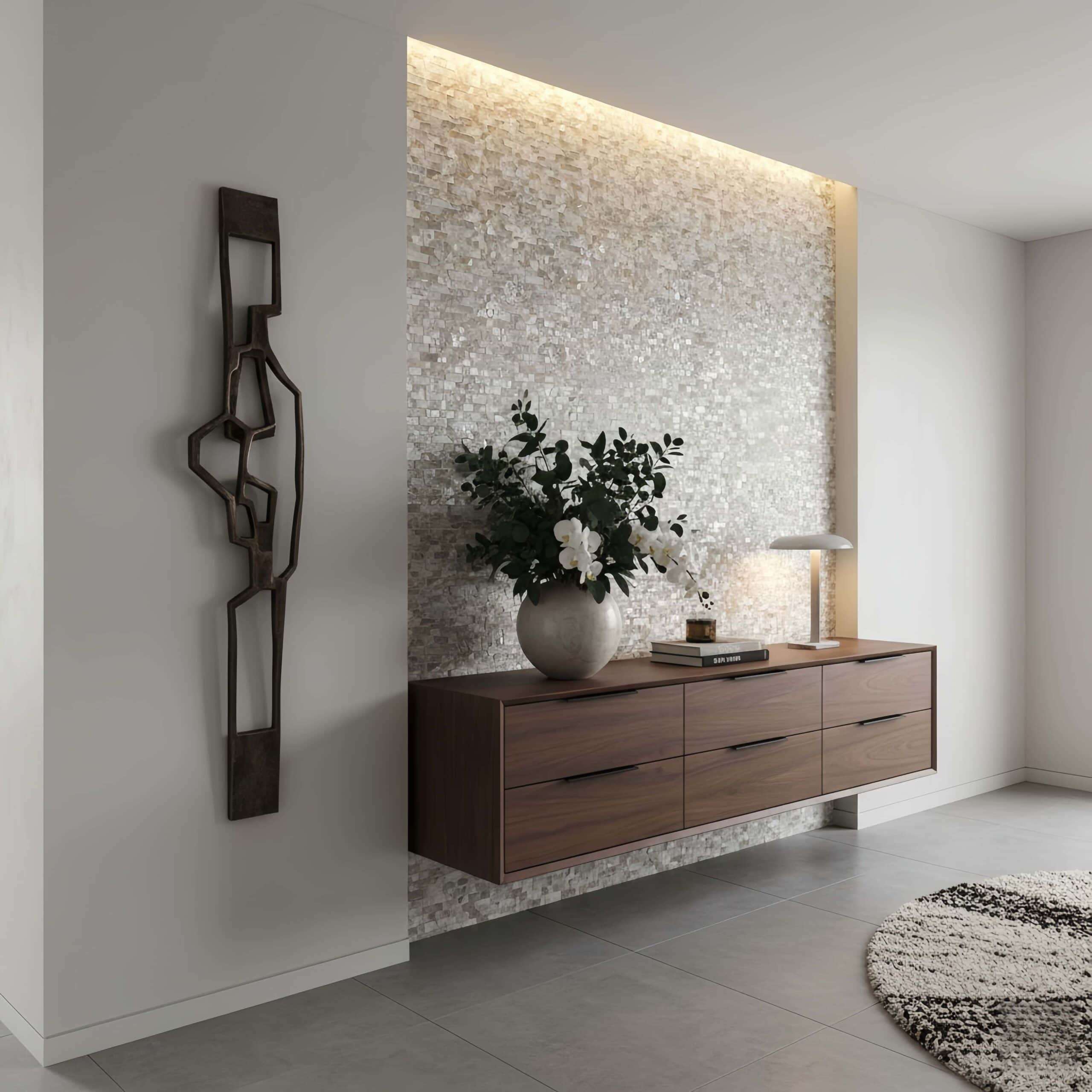 A modern interior featuring a textured shell tile wall with a floating wooden console, vase with flowers, and decorative ligh.