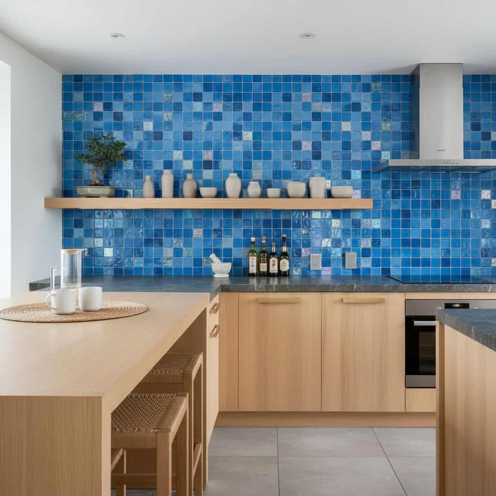 Blue glass tile backsplash with mosaic pattern in contemporary kitchen setting.