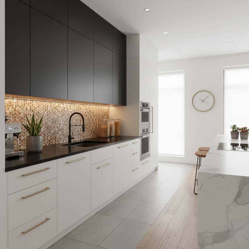 Elegant kitchen with pearl shell tile backsplash and modern black and white cabinetry. Bright, minimalist space with natural.