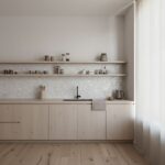 Elegant shell tile backsplash with mother of pearl accents in a modern kitchen.