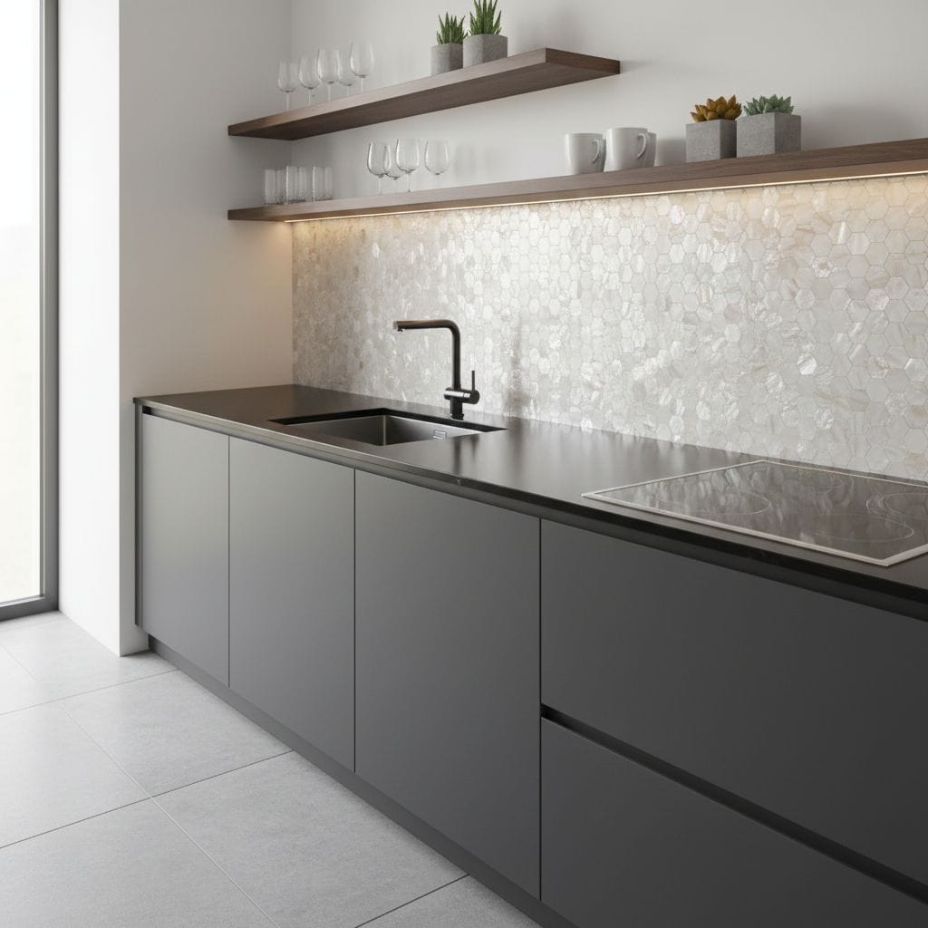 Modern kitchen with elegant mother of pearl shell tile backsplash and sleek gray cabinetry.