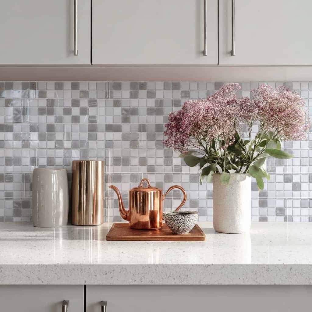 A modern kitchen featuring a glass tile backsplash, a white vase with pink flowers, and stylish kitchen accessories on a whit.