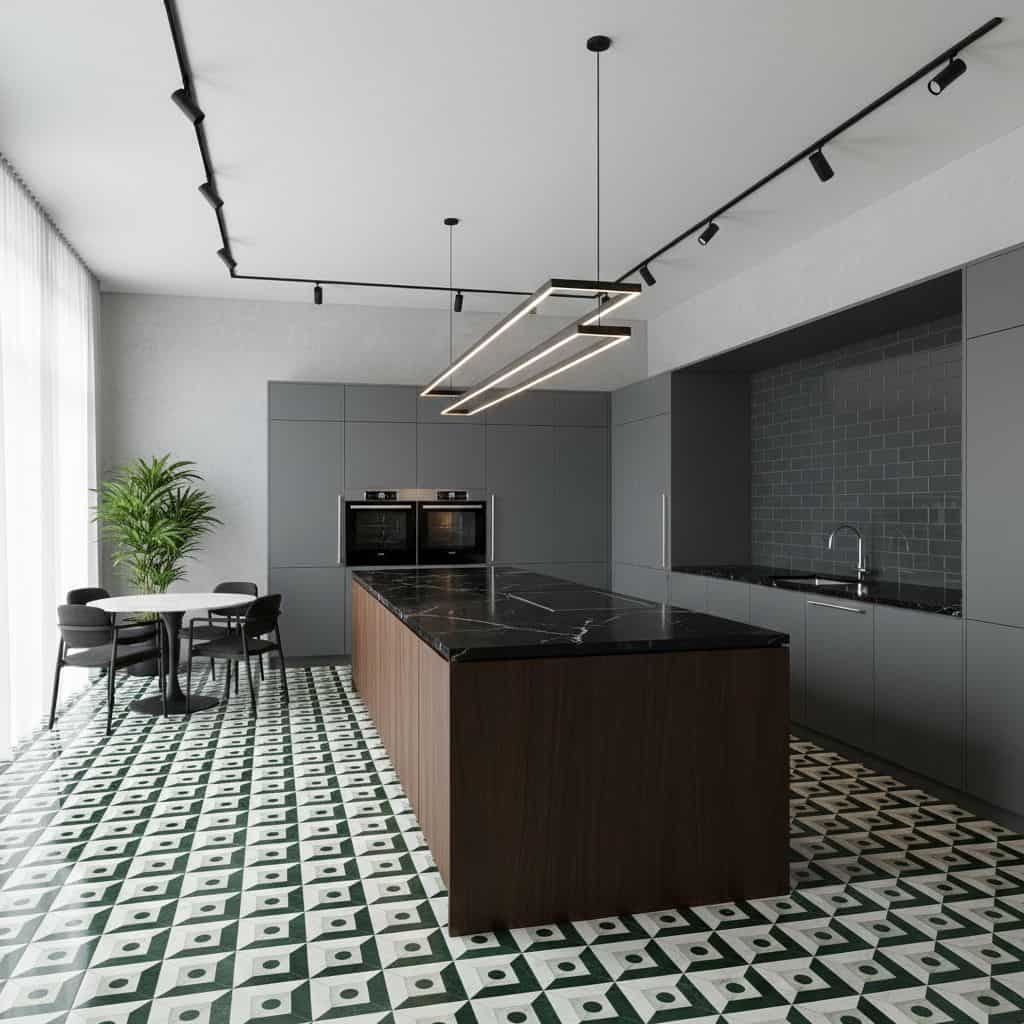 Bright, contemporary kitchen featuring gray cabinetry, black marble island, and geometric patterned floor tiles in green and.