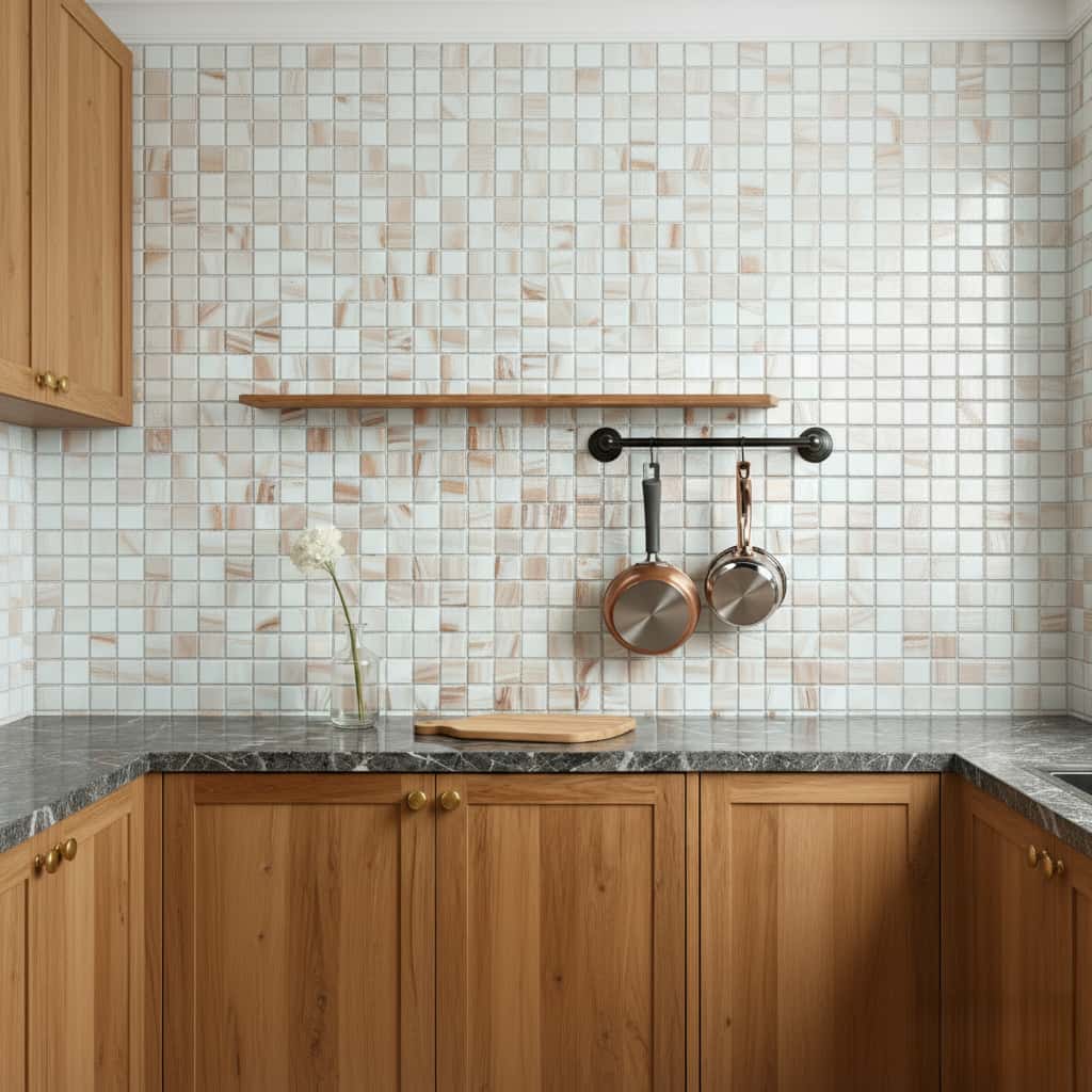Glass tile backsplash, mosaic tiles, kitchen decor, modern kitchen, home renovation.
