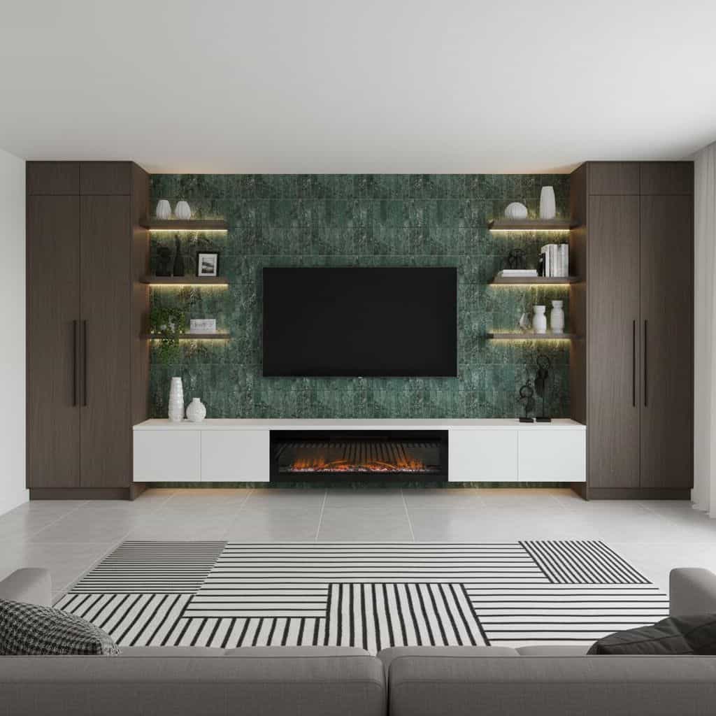 Peel and stick tile backsplash on green accent wall with built-in shelves in contemporary living room.