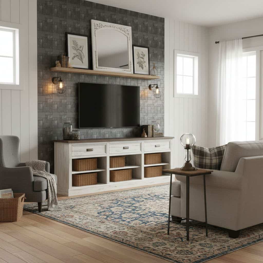 Gray textured wall tiles with a matte finish, complementing the modern living room decor.