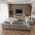 Living room with patterned tile flooring, neutral sofa, and contemporary decor.