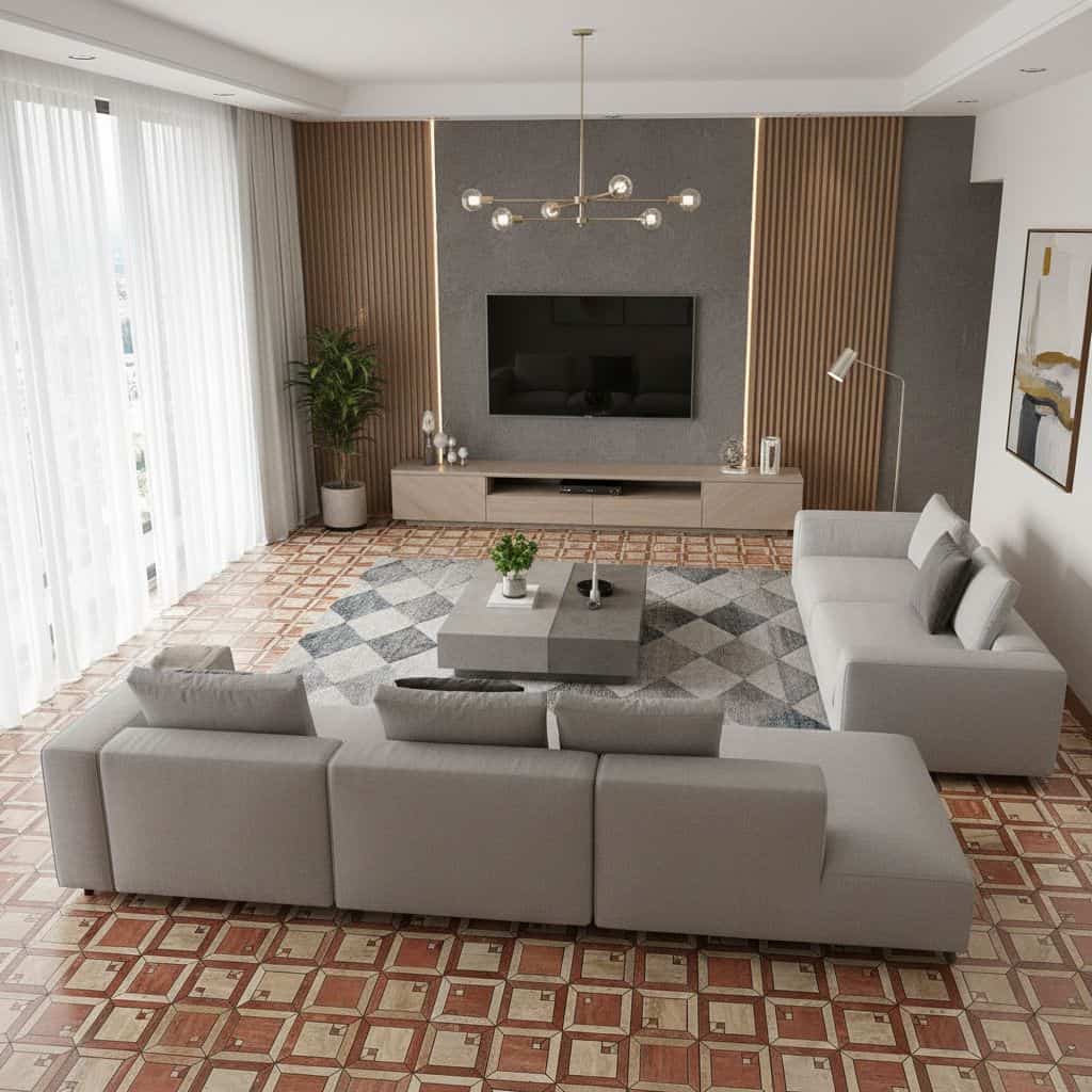 Living room with patterned tile flooring, neutral sofa, and contemporary decor.