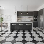 Black and white floral patterned tile with a matte finish in a contemporary kitchen.