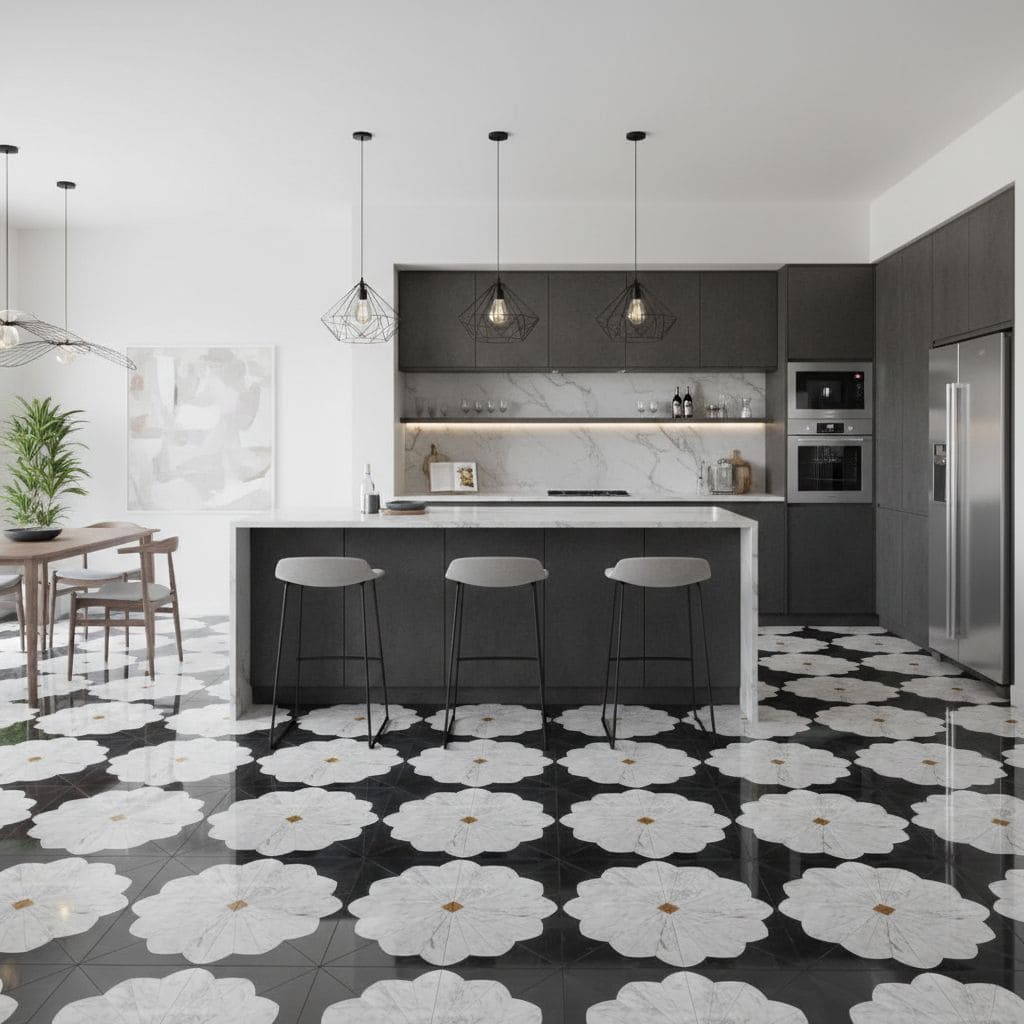 Black and white floral patterned tile with a matte finish in a contemporary kitchen.