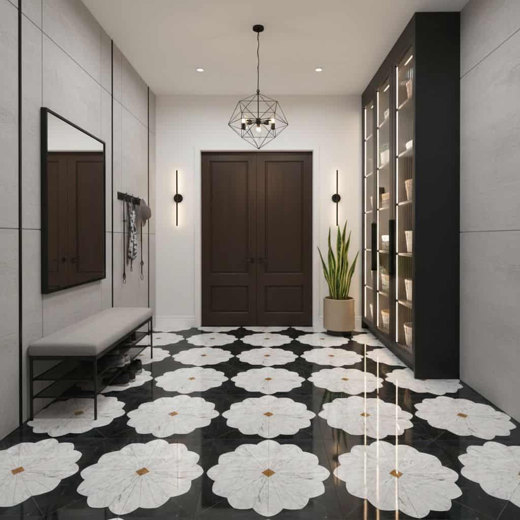 Stylish black and white floral patterned tile with a glossy finish, complemented by modern decor and a sleek, minimalist desi.