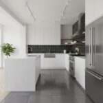 Black and white mosaic tile backsplash in modern kitchen.