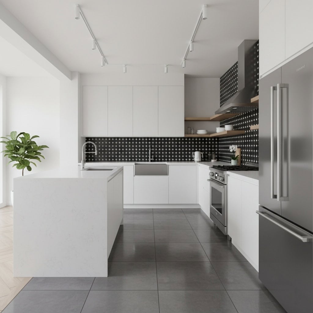 Black and white mosaic tile backsplash in modern kitchen.