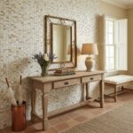 Decorative shell tile wall with mother of pearl accents in a cozy home interior.