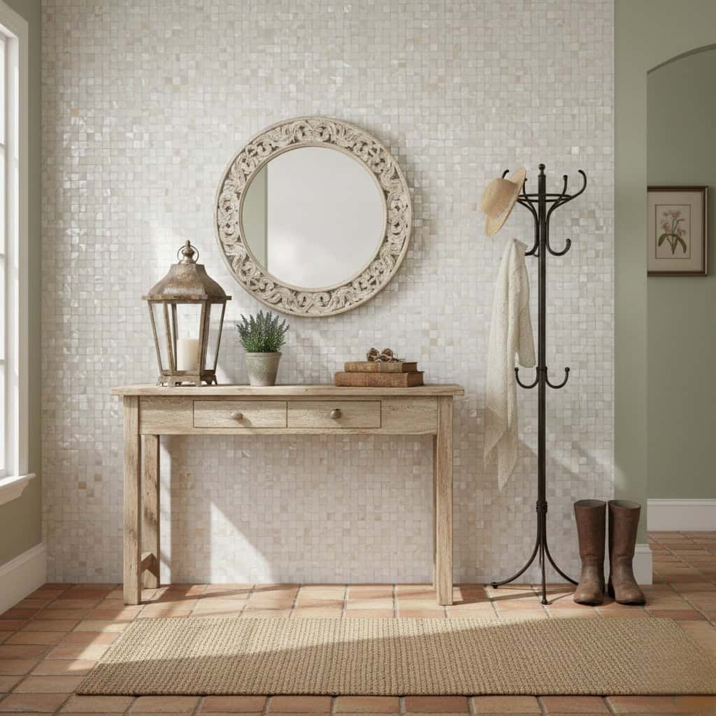Elegant entryway with shell tile wall, wooden console table, mirror, lantern, and coat rack.
