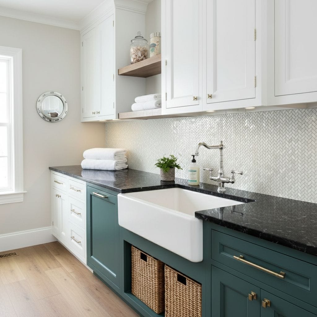 Beautiful kitchen with pearl shell tile backsplash and farmhouse sink. Elegant design featuring seashell-inspired accents and.