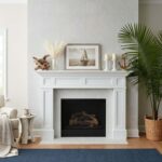 Elegant fireplace with mother of pearl shell tile mantel and coastal-inspired decor. Perfect for adding a touch of seaside ch.