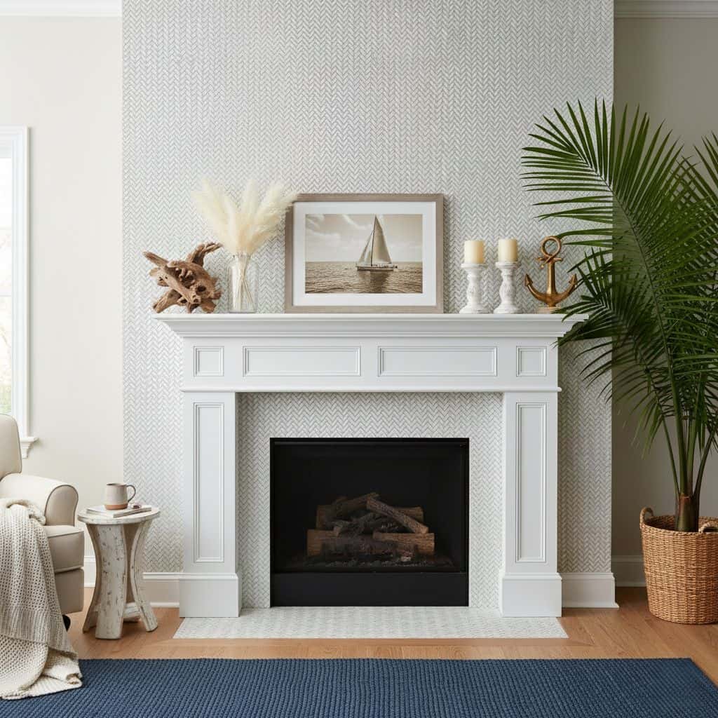 Elegant fireplace with mother of pearl shell tile mantel and coastal-inspired decor. Perfect for adding a touch of seaside ch.