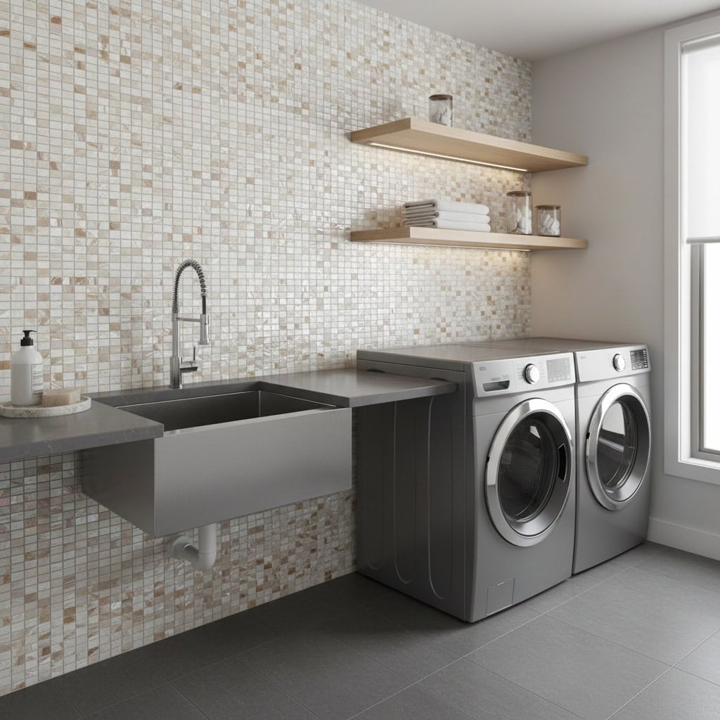 Laundry room with elegant shell tile backsplash and modern appliances.