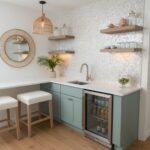 Beautiful kitchen with mother of pearl shell tile backsplash and modern design.