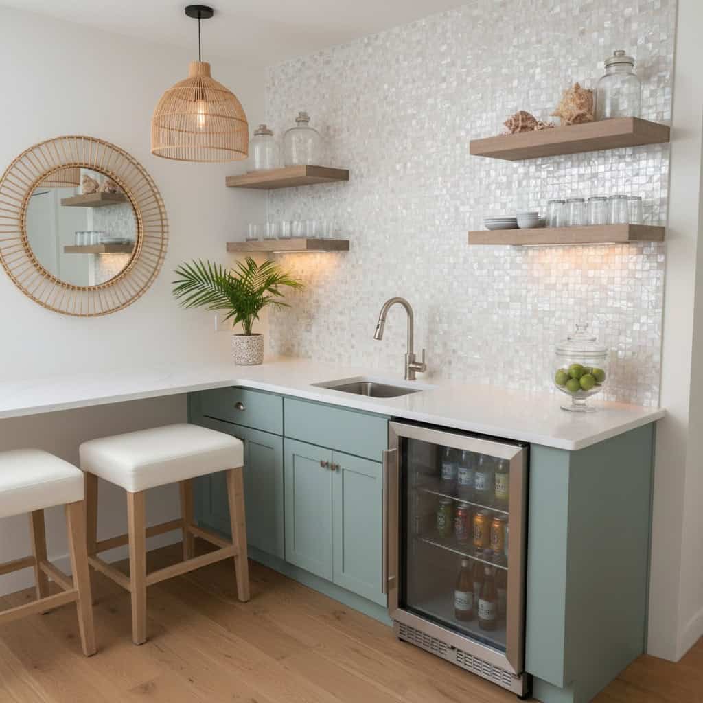 Beautiful kitchen with mother of pearl shell tile backsplash and modern design.