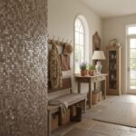 Elegant interior featuring a wall with mother of pearl shell tile, enhancing the space with a luxurious, reflective surface.
