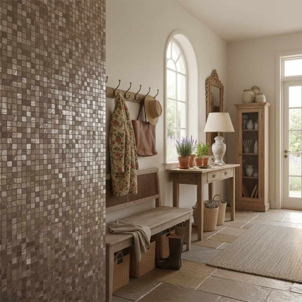 Elegant interior featuring a wall with mother of pearl shell tile, enhancing the space with a luxurious, reflective surface.
