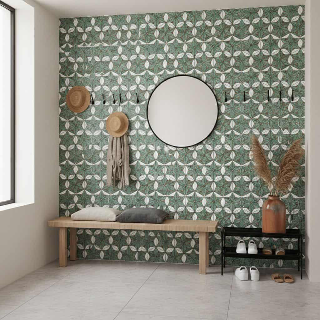 Peel and stick tile backsplash with geometric pattern in a modern interior. Easy to install peel and stick tile for stylish w.
