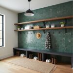 Bright modern kitchen with green peel and stick wall tiles and wooden shelves.