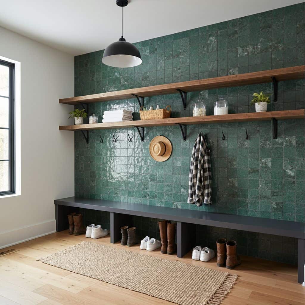 Bright modern kitchen with green peel and stick wall tiles and wooden shelves.