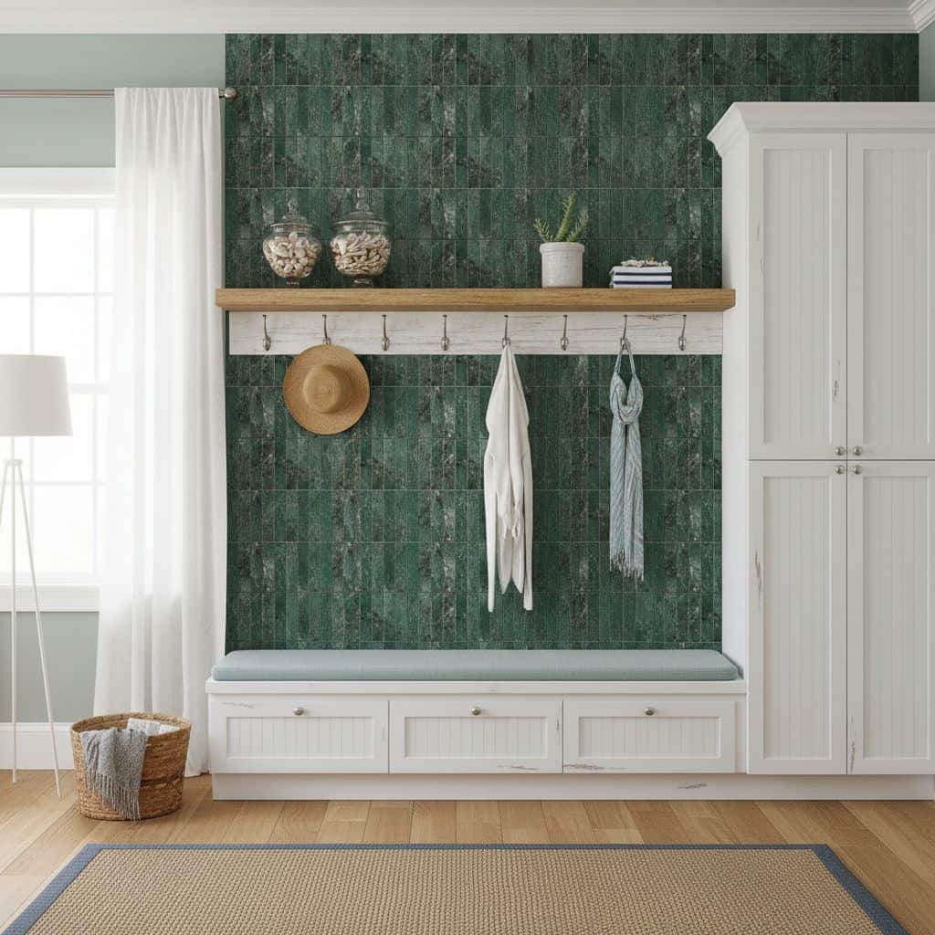 Green peel and stick wall tile with hooks and decor in a modern entryway.